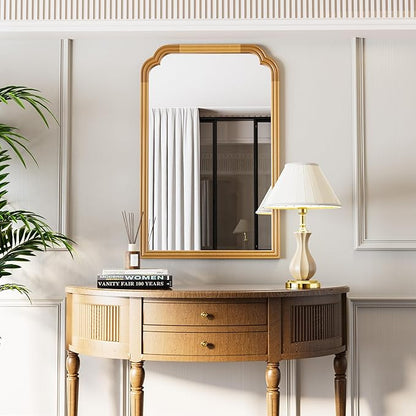 Wood Frame Wall Mirror for Bathroom, Rounded Corner Arch Rectangle Mirror for