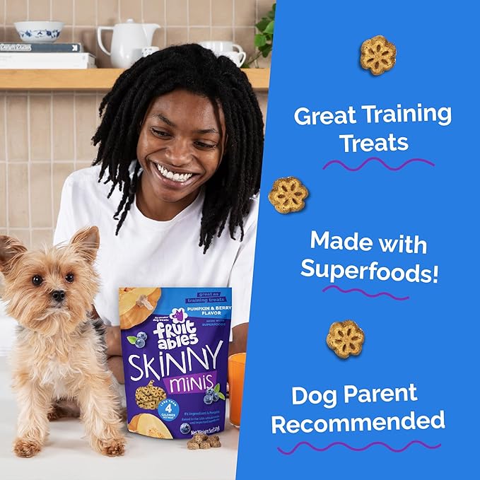 Fruitables Skinny Mini Dog Treats, Healthy Pumpkin Treat for Dogs, Low Calorie & Delicious, Puppy Training, No Wheat, Corn or Soy, Made in The USA, Pumpkin and Berry Flavor, 12oz