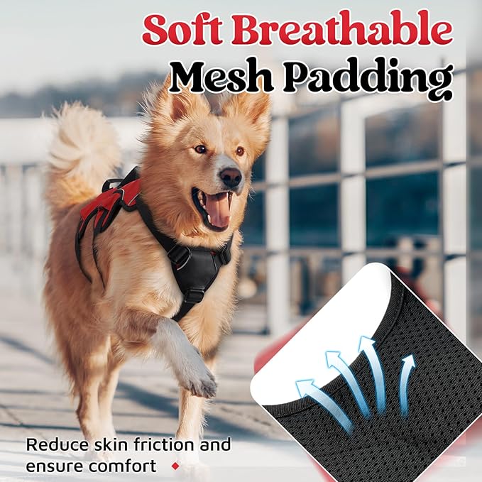 rabbitgoo Escape Proof Dog Harness for Medium, No Pull with Lift Handle | No Escape, Full Soft Padded, Reflective Adjustable Vest, Leash Clip for Walking Hiking Training, Red, Medium