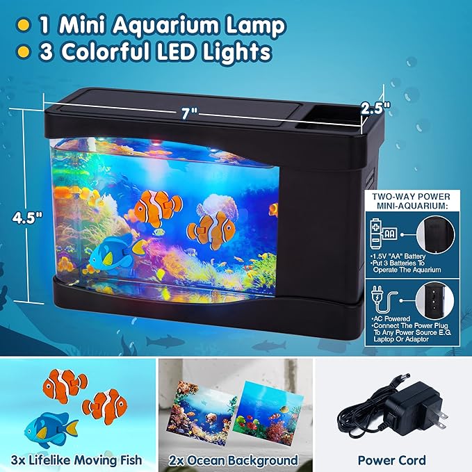 Artificial Fish Tank Virtual Ocean Toy in Motion Lamp - Mini Office Desk Aquarium 3 Colorful LED Lights, Moving Bubbles, Gift for Kids and Adults