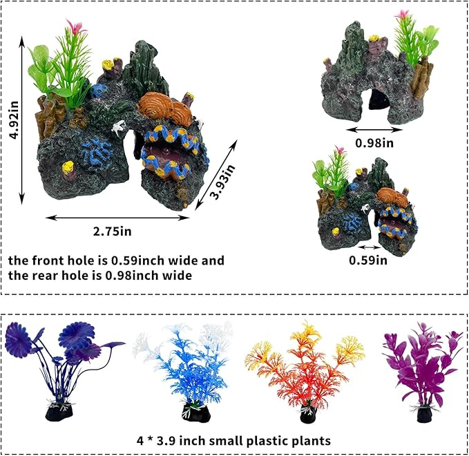 PINVNBY Aquarium Coral Reef Decor Resin Fish Tank Decorations Rock Mountain Cave Ornaments for Goldfish Betta Fish Sleep Rest Hide Play Breed with 4 PCS Aquatic Plants (Small Size)
