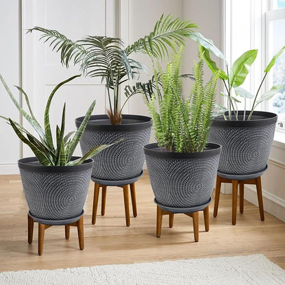 Quarut 4 Pack 8 Inch Flower Pots Planters for Outdoor Indoor, Plastic Plant Pots with Drainage Hole & Tray, Modern Decorative Garden Pot with Saucer, planters for House (Gray)