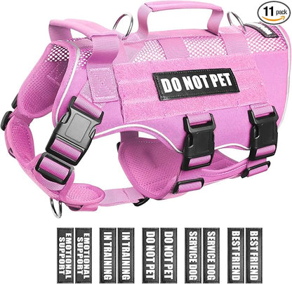 Tactical Molle Vest Mesh Dog Harness with 10 Removale Pet Patches | Breathable Service Dog harness with Double Soft Padded Handle for Large Dog, Reflective Military Pet Vest for Walk Hiking