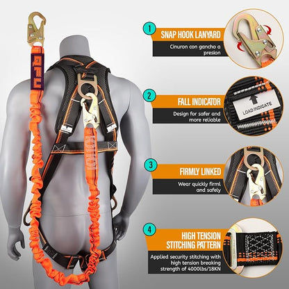 Full Body Safety Harness & Fall Protection Kit with Padded Straps, ANSI Compliant, Includes Shock-Absorbing Lanyard for Roofing, Construction and Industrial Use