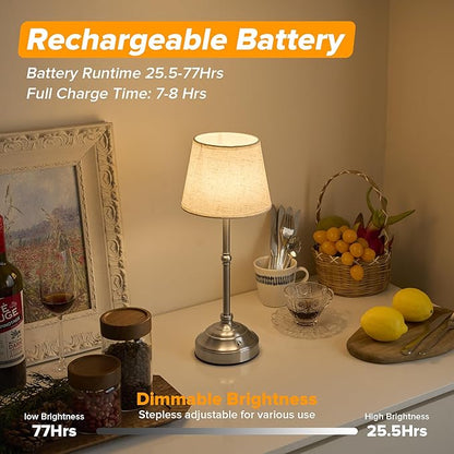 Cordless Table Lamp, Rechargeable Desk Lamp with Fabric Shade, Battery Operated Lamp 3 Color Stepless Dimming, Portable Touch Bedside Lamp Home Decor for Dining, Counter (Brushed Sliver)