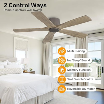 WINGBO 54" Flush Mount DC Ceiling Fans without Lights, 5 Carved Solid Wood