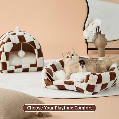 Lesure 2in1 Cute Cat House for Kitten with Washable Cushioned Pillow,17.3in | Cat Beds for Indoor Cats,Small Pet Cave Tent,Cozy Enclosed Foldable Hideaway,Fluffy Ball,Anti Slip Bottom,Hand Strap,Brown