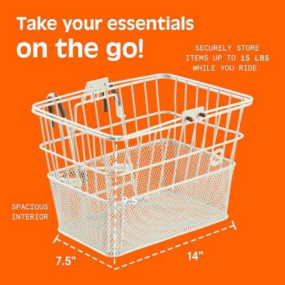 Retrospec Apollo Detachable Front Bike Basket Steel Half-Mesh with Integrated Detachable Hooks and Built-In Handle, Easy Assembly and Portability for Bicycles
