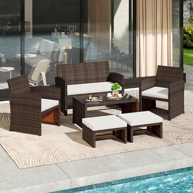 Tangkula 6 Pieces Patio Furniture Set, Outdoor Sectional Conversation PE Rattan Sofa Set with 1 Loveseat, 1 Coffee Table, 2 Armchairs and 2 Ottomans for Garden, Deck, Backyard and Poolside (White)