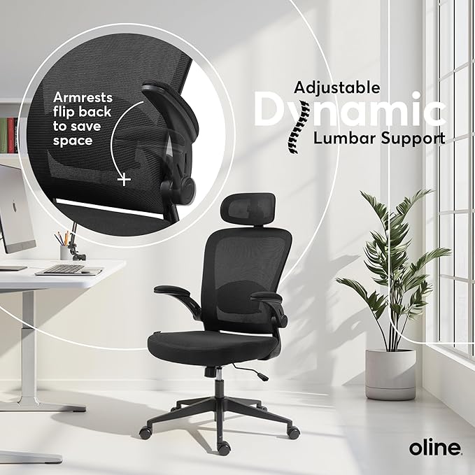 Oline ErgoAir Ergonomic Office Chair – Adjustable Lumbar Support, Flip-Up Armrests, Mesh Computer Desk Chair, Swivel Rolling Executive Gaming Chair for Home & Office (Black)