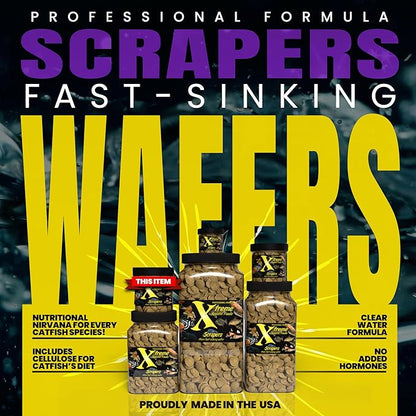 Xtreme Scrapers Wafers - Premium 14mm Fast-Sinking Fish Food – Nutrient & Cellulose Rich Ideal for Nocturnal Feeders, Catfish, Plecostomus Species, and Loaches – USA Farm Grown (9oz)