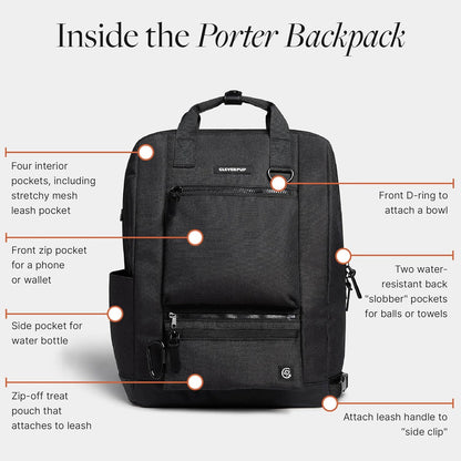 Porter 2-in-1 Dog Gear Backpack – Premium Dog Travel Bag with 10 Pockets, Zip-Off Treat Pouch, Leash Clip, Waterproof Pockets & Water Bottle Holder – Weekend, Hiking, Camping, Graphite