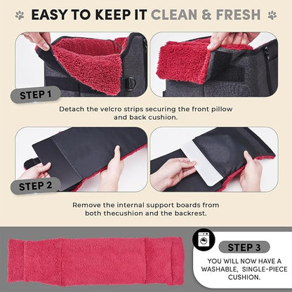 Center Console Dog Car Seat for Small Pets to 11lbs, Red | Anti-collapse armrest Console seat with washable fluffy cushion, pillow & tether for stable, cozy pet travel trips.