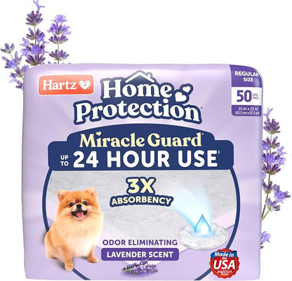 Hartz Miracle Guard Dog and Puppy Dog Pads Max Absorbency 24 Hour Use Odor Eliminating Lavender Scented No Leaks, Regular Size 50 Count