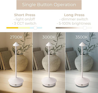 Arrrow LED Cordless USB-C Re-Chargeable Desk Lamp, 5200mAh Battery Operated with 3 Color Temperature 2700K-3000K-3500K and Fingertip Touch On/Off Plus Dimming in White