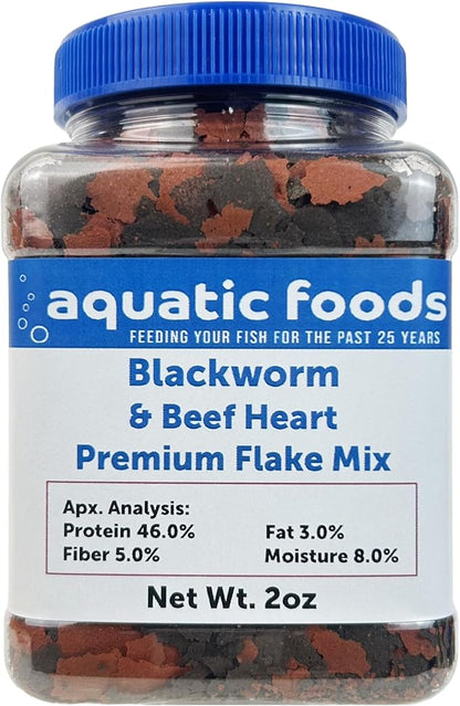 45% Blackworm Flake & Beef Heart Flake Mix for Discus, Cichlids, All Tropical Fish. Aquatic Foods Premium Flakes…2oz Small Jar