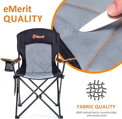 EMERIT 2 Pack Oversized Padded Camping Chair, 350LB Heavy Duty Quad Fold Chair with Arms, Collapsible Outdoor Chairs with Lumbar Back & Cup Holder