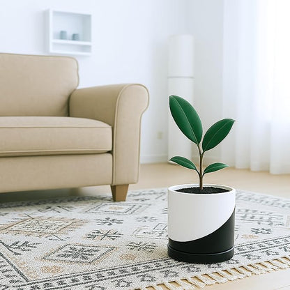 D'vine Dev 6.5 Inch Ceramic Planter Pot, Black White Diagonal, 94-O-C-K | Modern Cylinder Design, Drainage Hole & Saucer Included, Stable Structure, Elegant Home Accent