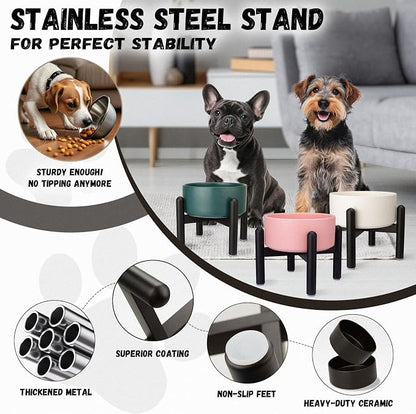 Raised Ceramic Dog Bowl Set with Stand, 2 Cups Elevated Dog Food Stand | 6.1'' Single Dog Food or Water Bowl Set, Non-Slip Dog Feeding Dishes for Small to Medium Breeds, 28.75 OZ, Pink