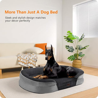 Dwanton Orthopedic Dog Bed for Extra Extra Large Dogs with Gel Memory Foam, Waterproof Dog Sofa, Washable Pet Bed with Four Sided Bolster Cushion, Removable Cover & Non-Slip Bottom, 48", Dark Grey