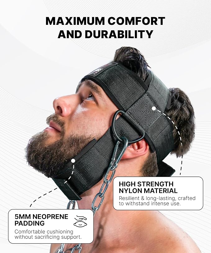DMoose Fitness Neck Harness for Weight Lifting - Soft Padded Head & Chin Strap with 30" Heavy Duty Steel Chain - Neck Exerciser, Trainer & Strengthener to Support Injury Recovery and Intense Workouts