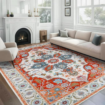 WILLSUN Washable Area Rugs, 8x10 Non-Slip Boho Large Area Rugs for Living Room, Bedroom, Machine Washable Vintage Rug, Indoor Floral Print Carpet for Home Decor, Kid & Pet Friendly Mat