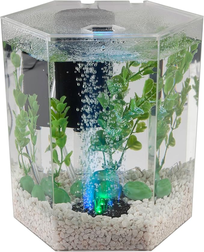 Tetra Bubbling LED Aquarium Kit 1 Gallon, Hexagon Shape, With Color-Changing Light Disc