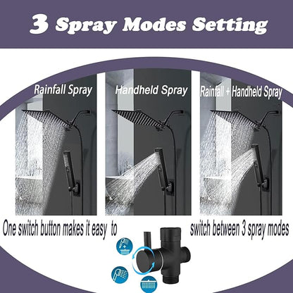 10" High Pressure Square Rainfall Shower Head and 2-in-1 Hand Shower, Rainfall