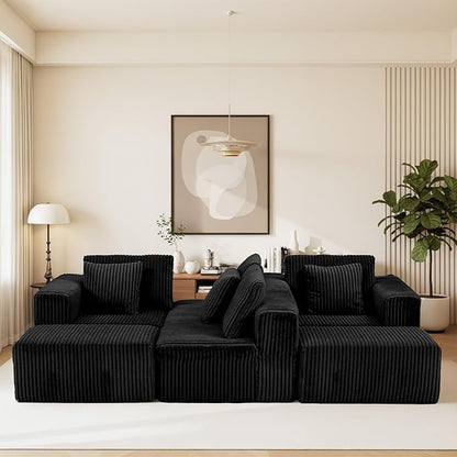 132" U Shaped Modular Sofa, 4-Seater Sectional Cloud Couch with Chaise, Soft Corduroy Boneless for Living Room, No Assembly Required, Free Configuration, Black