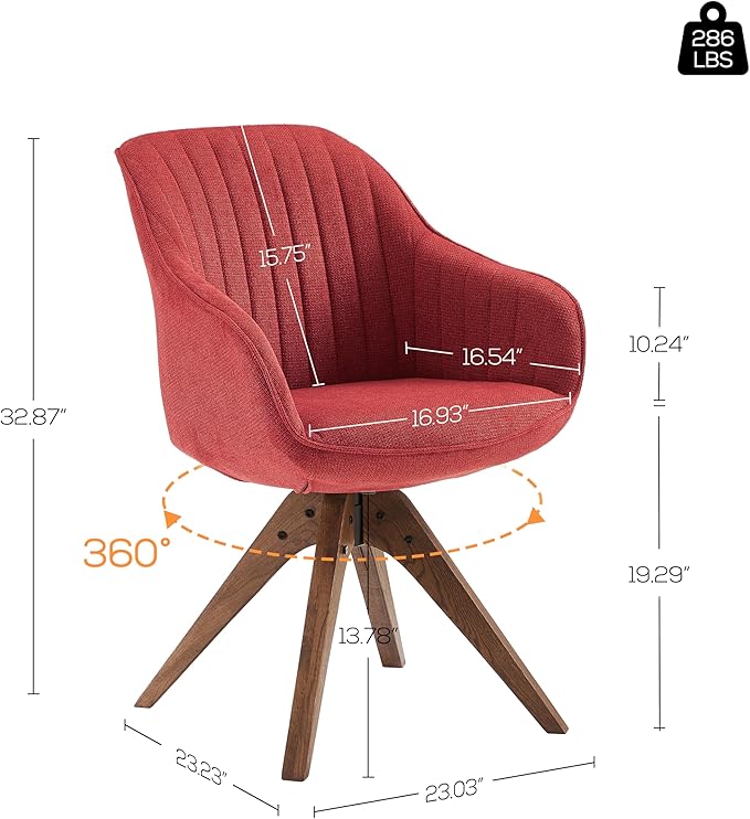 Art Leon Desk Chair No Wheels - Mid Century Modern Office Chair, Swivel Accent Chair with Oak Wood Legs, Fabric Upholstered Arm Chair, Red