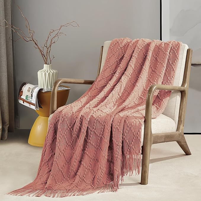 BOURINA Coral Pink Throw Blanket 50 x70 Inches Jacquard Argyle Throw Textured Solid Soft Throws and Blankets for Sofa or Bed Knitted Decorative Blanket