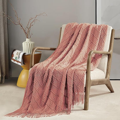 BOURINA Coral Pink Throw Blanket 50 x70 Inches Jacquard Argyle Throw Textured Solid Soft Throws and Blankets for Sofa or Bed Knitted Decorative Blanket