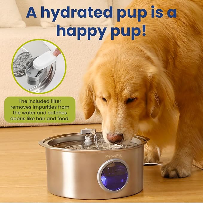 PawsPik Ultra-Quiet Stainless Steel Dog Water Fountain, 1.8-gal