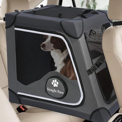 Snagle Paw Dog Car Crate for Back Seat, Portable, Large, Gray | 3-point seat securement, breathable mesh, feeding windows, folds flat, for road trips, camping and vet visits