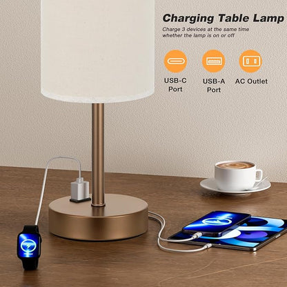Fenmzee Touch Table Lamp - Beige, 3-Way Dimmable, USB A + C Charging, AC Outlet, 17.4inch Medium, Brown Metal Base