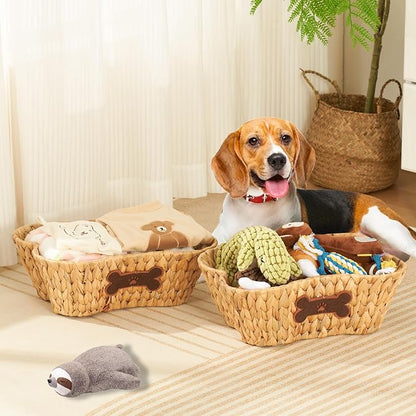 Wicker Basket for Pet Toys, 2 Pack Stylish and Natural Dog and Cat Toy Basket, Dog Storage Organizer with Bone Shape