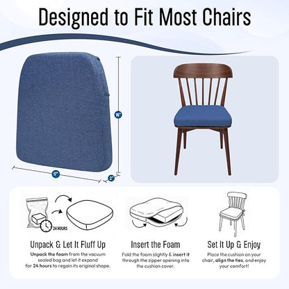 D-Shaped Indoor Chair Cushions 17" x 16" for Kitchen & Dining Chairs – 2'' Thick Seat Pads with Ties & Non-Slip Backing, High-Density Foam, Machine-Washable Covers, Set of 2 with Chair Leg Pads, Blue