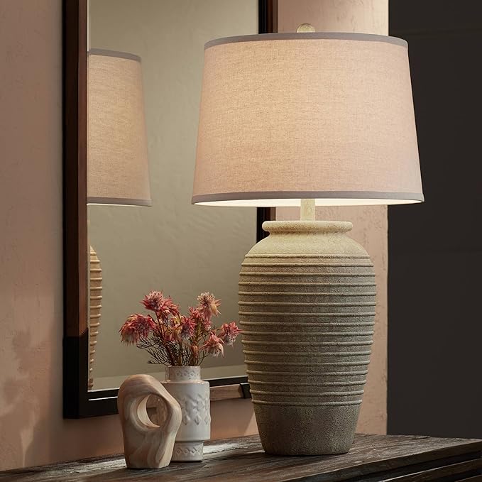 John Timberland Austin Country Cottage Southwest Style Jug-Shaped Table Lamp 28" Tall Sand Tone Desert Ridged Cream Linen Drum Shade for Living Room Bedroom House Bedside Nightstand Home Office