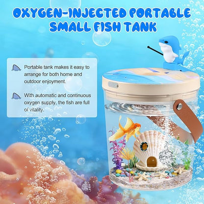 Portable Mini Fish Tank, Rechargeable,with Air Pump Oxygenation, and Multi-Color Automatic Switching LED Lights. 0.3 Gallon Plastic Aquarium for Travel
