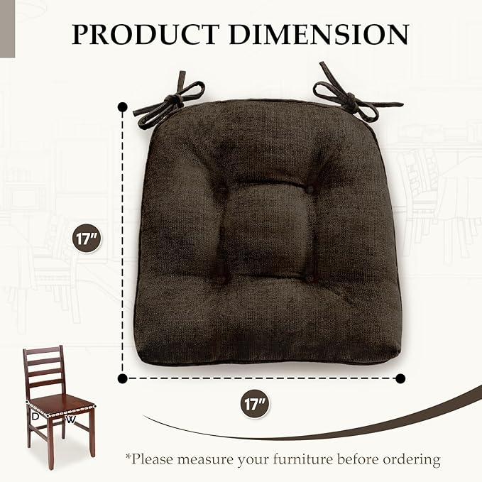 HARBOREST Chair Cushions for Dining Chairs Set of 4 - Chenille Tufted Kitchen Chair Cushions with Ties and Non-Slip Bottom, Foam Chair Pads for Dining Chairs, 17" x 17", Chocolate