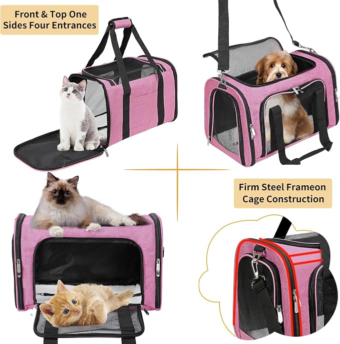 Soft-Sided Cat/Dog/Pet Carrier, Collapsible Pets Travel Carriers for Big Cats/Small Dogs with Shoulder Strap & Removable Mat, Mesh Puppy Carry Bag, Up to 16 Lbs, TSA Airline Approved (Pink)