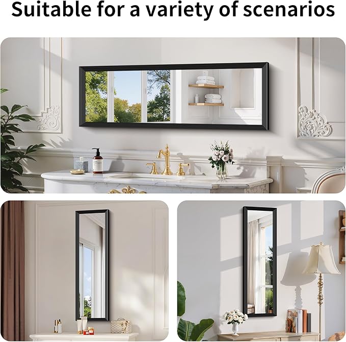 Black Bathroom Mirror 14 x 48 Inch Rectangle Wave Beveled