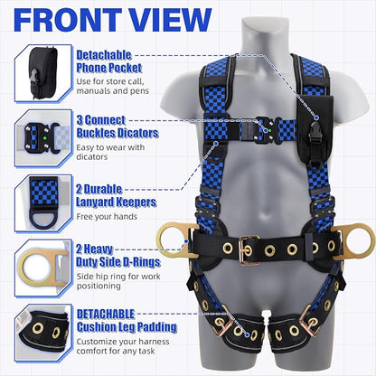 Trsmima Safety Harness Fall Protection - Full Body Harness Men Construction | Men Quick Adjust Buckles and Datachable Pad Tool Bag for Roofing Construction Workers