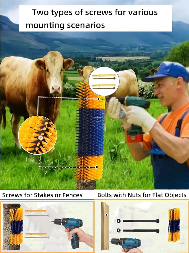 Livestock Scratching Brush 2 Pack, Itch Relief Goat Scratching Post | Horse Cow Goat Brushes for Scratching, Self-Grooming, Upgraded No-Strip Screws for Easy Install Barn Farm, Protects Fence