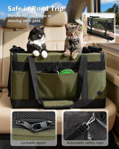 Pecute Cat Carrier, Soft Double Pet Crate for 2 Cats Travel, Green | 5mm Anti-collapse Frame, Convertible Dual Space, Foldable, Polyester Breathable mesh, Up to 26 lbs, Car Travel & Vet Visits