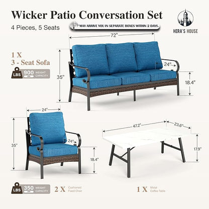 HERA'S HOUSE 4 Piece Metal Patio Furniture Set, All Weather Outdoor Conversation Set with 3 Seat Sofa, 2 x Cushioned Fixed Chairs & Coffee Table, Seats 5 for Backyard, Garden, Deck, Pacific Blue