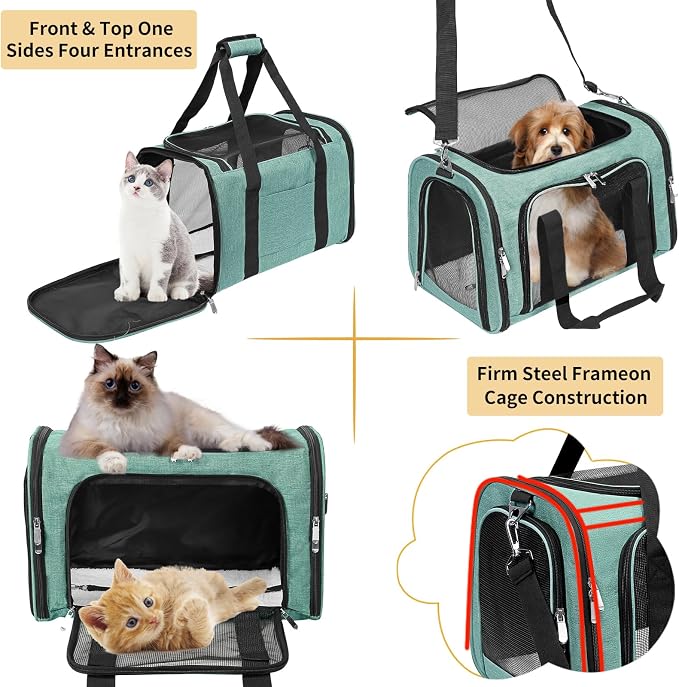 Soft-Sided Cat/Dog/Pet Carrier, Collapsible Pets Travel Carriers for Big Cats/Small Dogs with Shoulder Strap & Removable Mat, Mesh Puppy Carry Bag, Up to 16 Lbs, TSA Airline Approved(Turquoise)