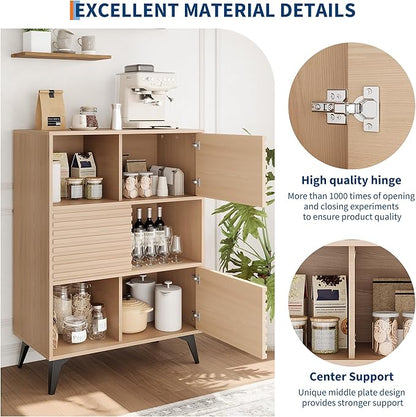 IDEALHOUSE Fluted Cabinet with Sliding Doors, Modern Wooden Storage Cabinet