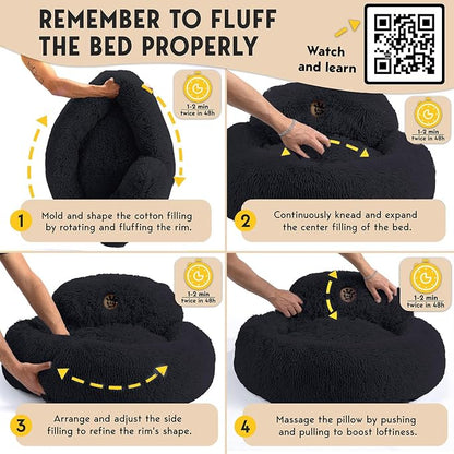 PetJett Calming Dog Bed for Small Dogs – 23" Donut Dog Beds, Anti-Slip & Washable Fluffy Plush Faux Fur Pet Bed, Anti-Anxiety Premium Comfort Round Puppy Bed, Fits Dogs up to 25 lbs – Black