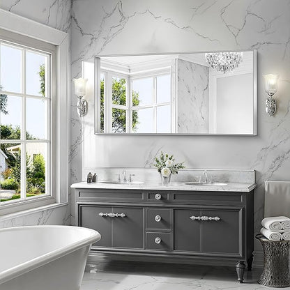 CIRCUMI Silver Bathroom Mirror, Brushed Finish, Tempered Glass, Large Mirror